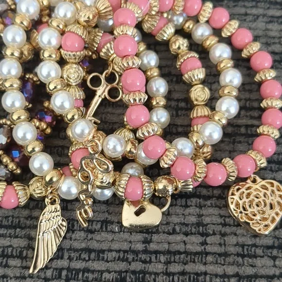 Bead And Pearl Stretch Charm Bracelet Heart Key Lock Love Angel Wing - Picture 6 of 7